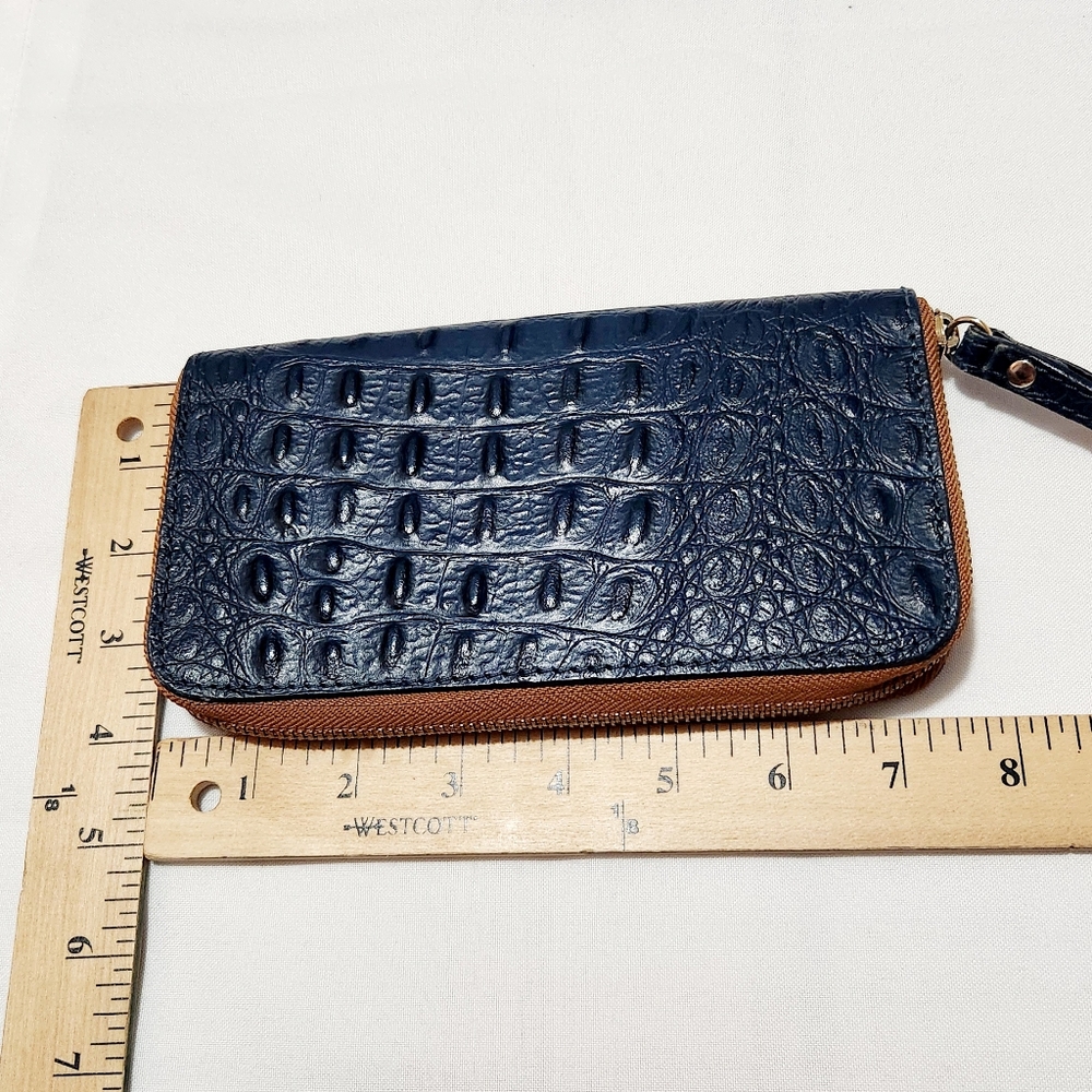 Genuine Blue Back Bone Croc Leather Skin Zipper Clutch Women's Wallet Wristlet - Picture 5 of 6